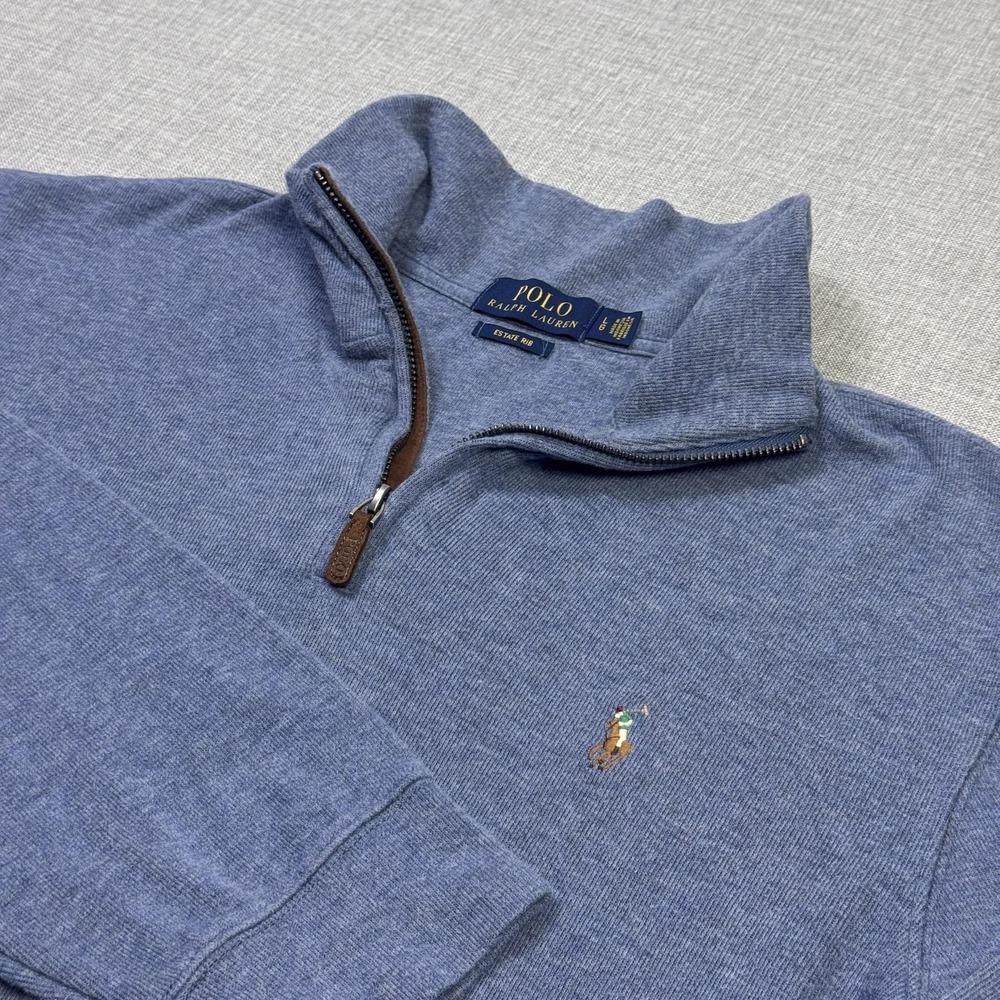 Polo Ralph Lauren Estate Rib 1/4 Zip Sweater Pullover Mens Large Blue Mock Neck